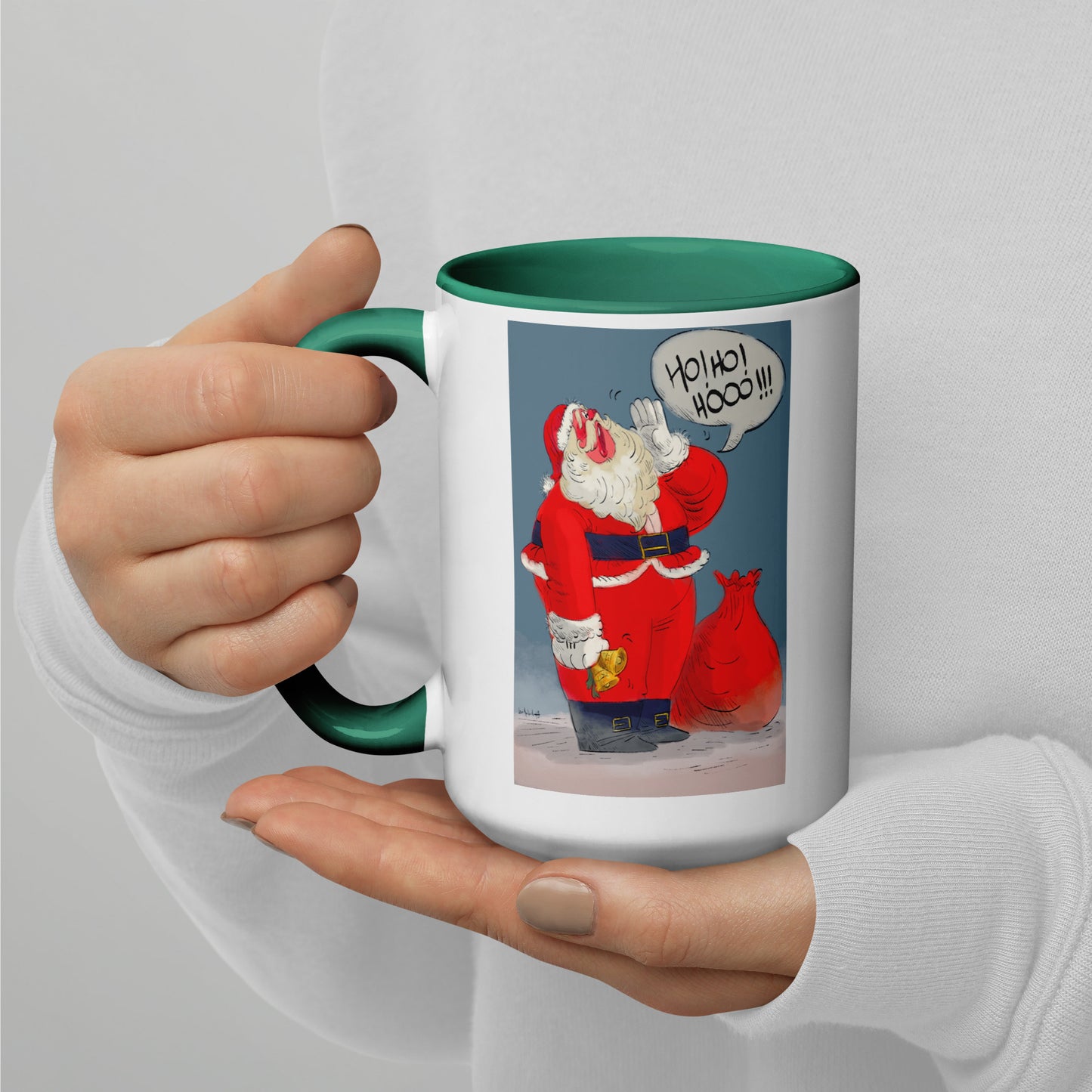 "Santa Christmas Mug with Color Inside - Hand-Drawn by Leo Matsuda | Festive Holiday Coffee Cup"