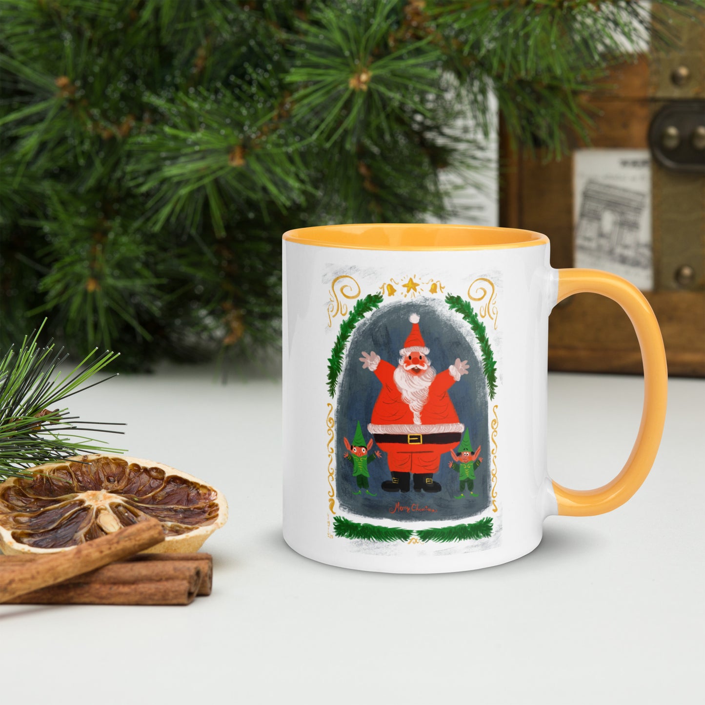 "Santa and Elves Mug with Color Inside - Hand-Drawn by Leo Matsuda | Festive Christmas Mug"