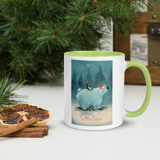 "Polar Bear and Penguin Mug with Color Inside - Hand-Drawn by Leo Matsuda | Festive Christmas Mug"