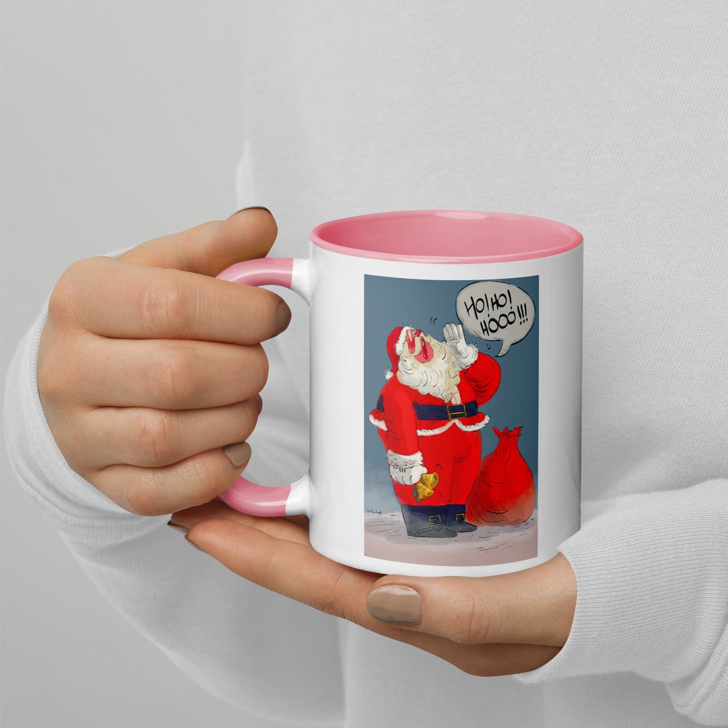 "Santa Christmas Mug with Color Inside - Hand-Drawn by Leo Matsuda | Festive Holiday Coffee Cup"