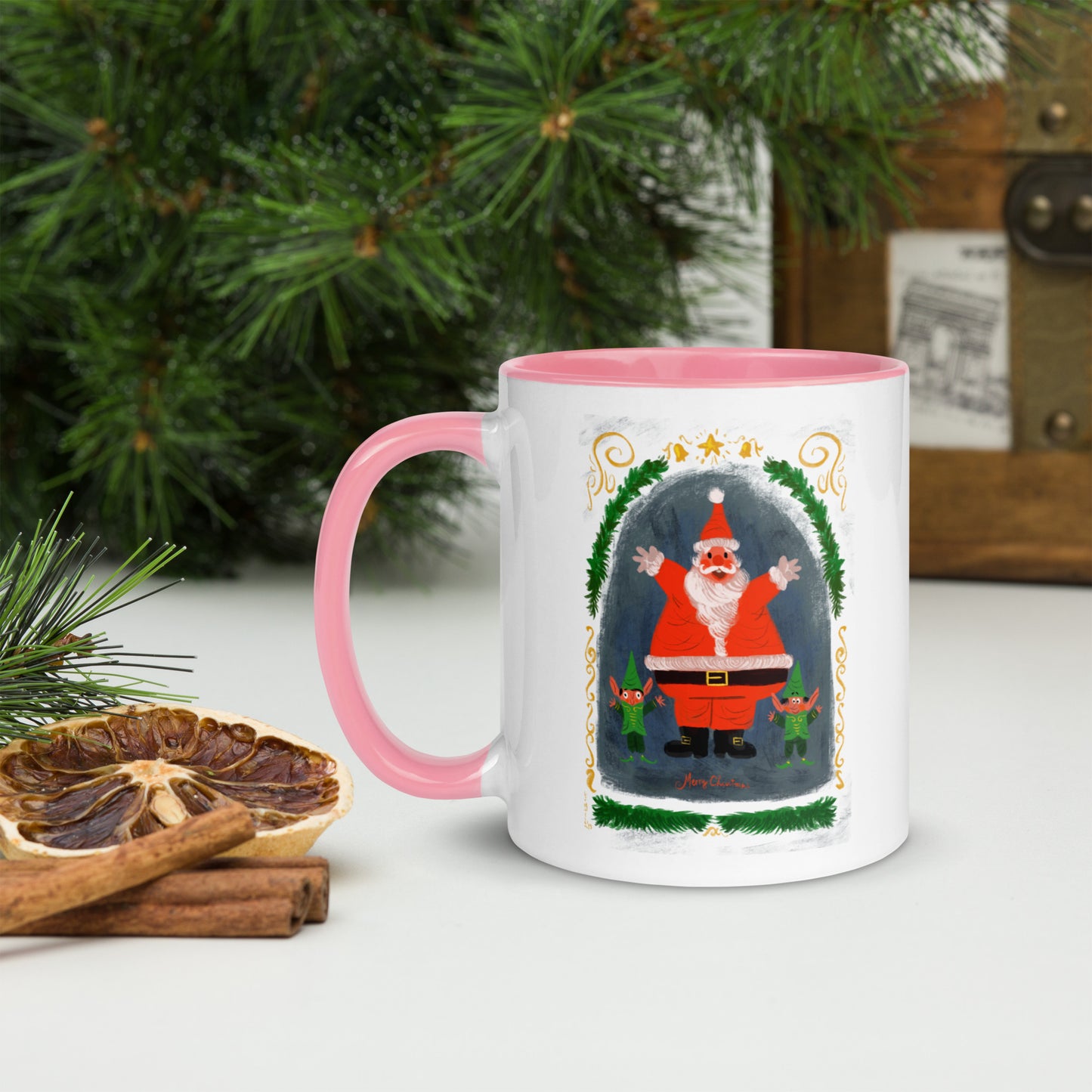 "Santa and Elves Mug with Color Inside - Hand-Drawn by Leo Matsuda | Festive Christmas Mug"