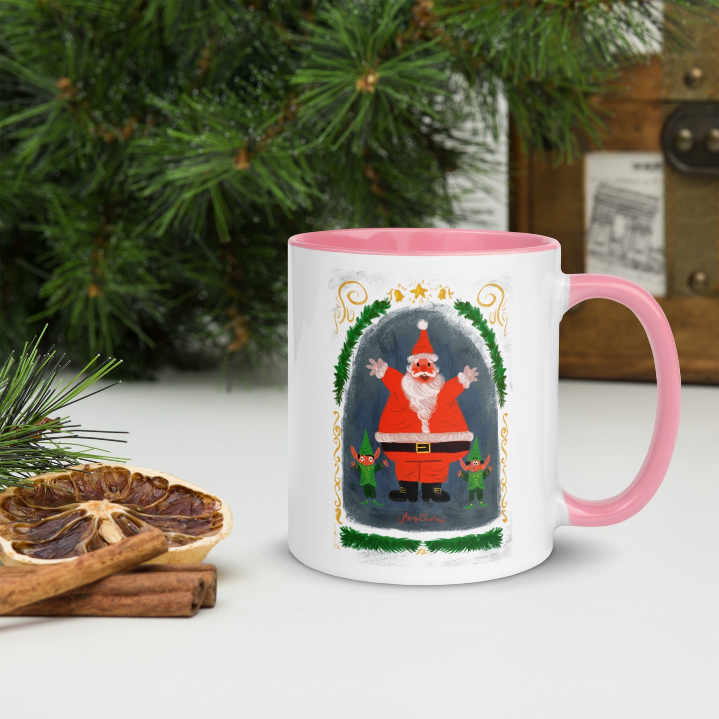 "Santa and Elves Mug with Color Inside - Hand-Drawn by Leo Matsuda | Festive Christmas Mug"