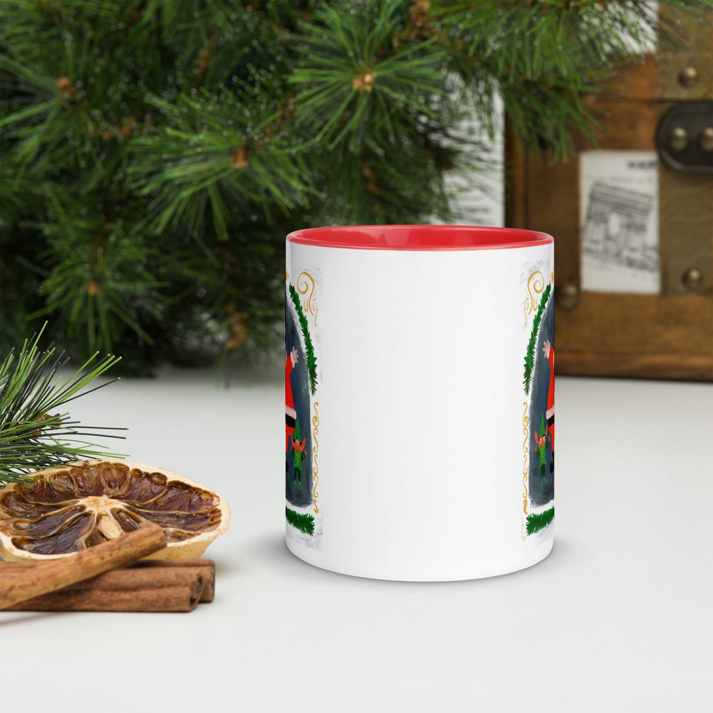 "Santa and Elves Mug with Color Inside - Hand-Drawn by Leo Matsuda | Festive Christmas Mug"