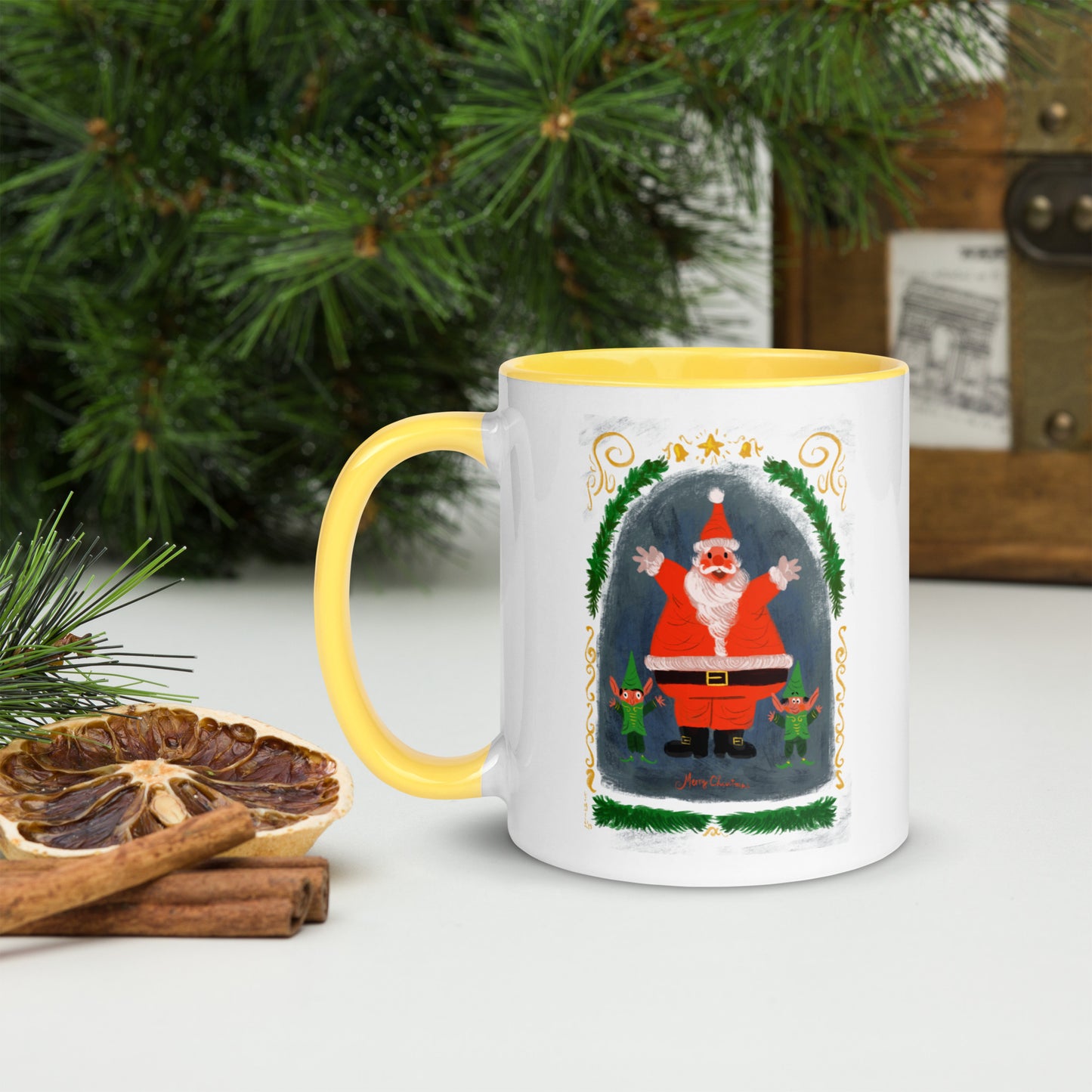 "Santa and Elves Mug with Color Inside - Hand-Drawn by Leo Matsuda | Festive Christmas Mug"