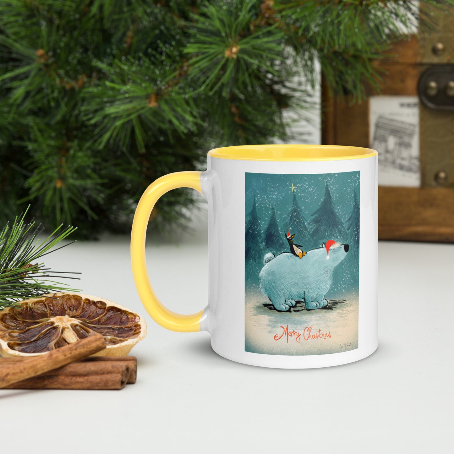 "Polar Bear and Penguin Mug with Color Inside - Hand-Drawn by Leo Matsuda | Festive Christmas Mug"