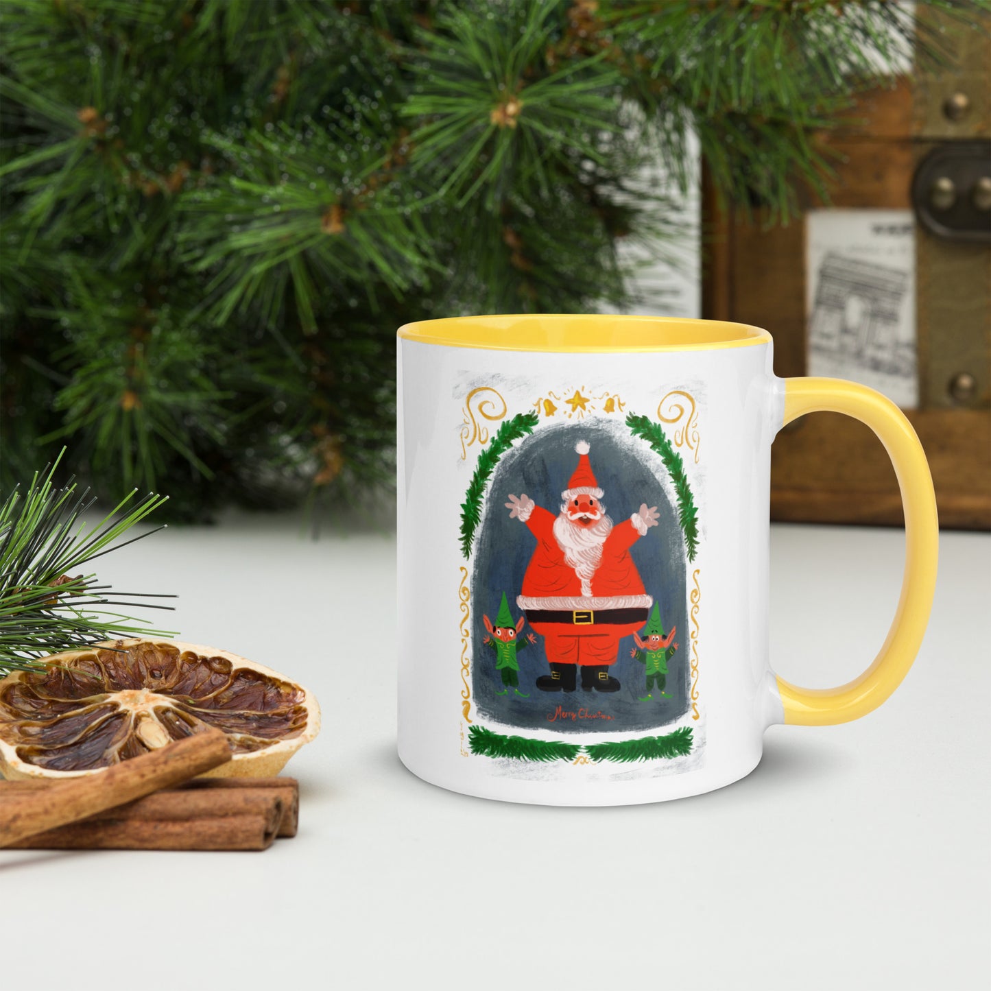 "Santa and Elves Mug with Color Inside - Hand-Drawn by Leo Matsuda | Festive Christmas Mug"