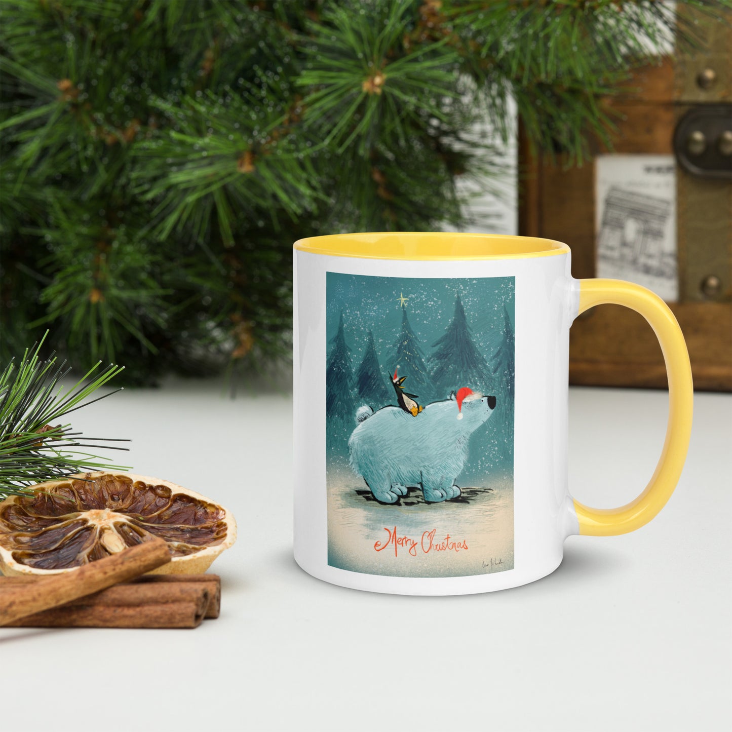 "Polar Bear and Penguin Mug with Color Inside - Hand-Drawn by Leo Matsuda | Festive Christmas Mug"