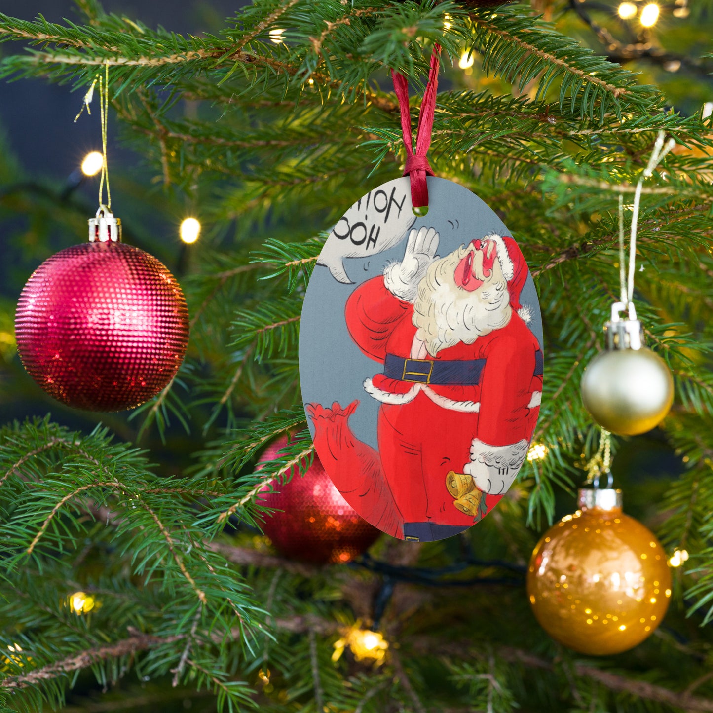 "Santa Christmas Wooden Ornaments - Hand-Drawn by Leo Matsuda | Unique Holiday Decor"