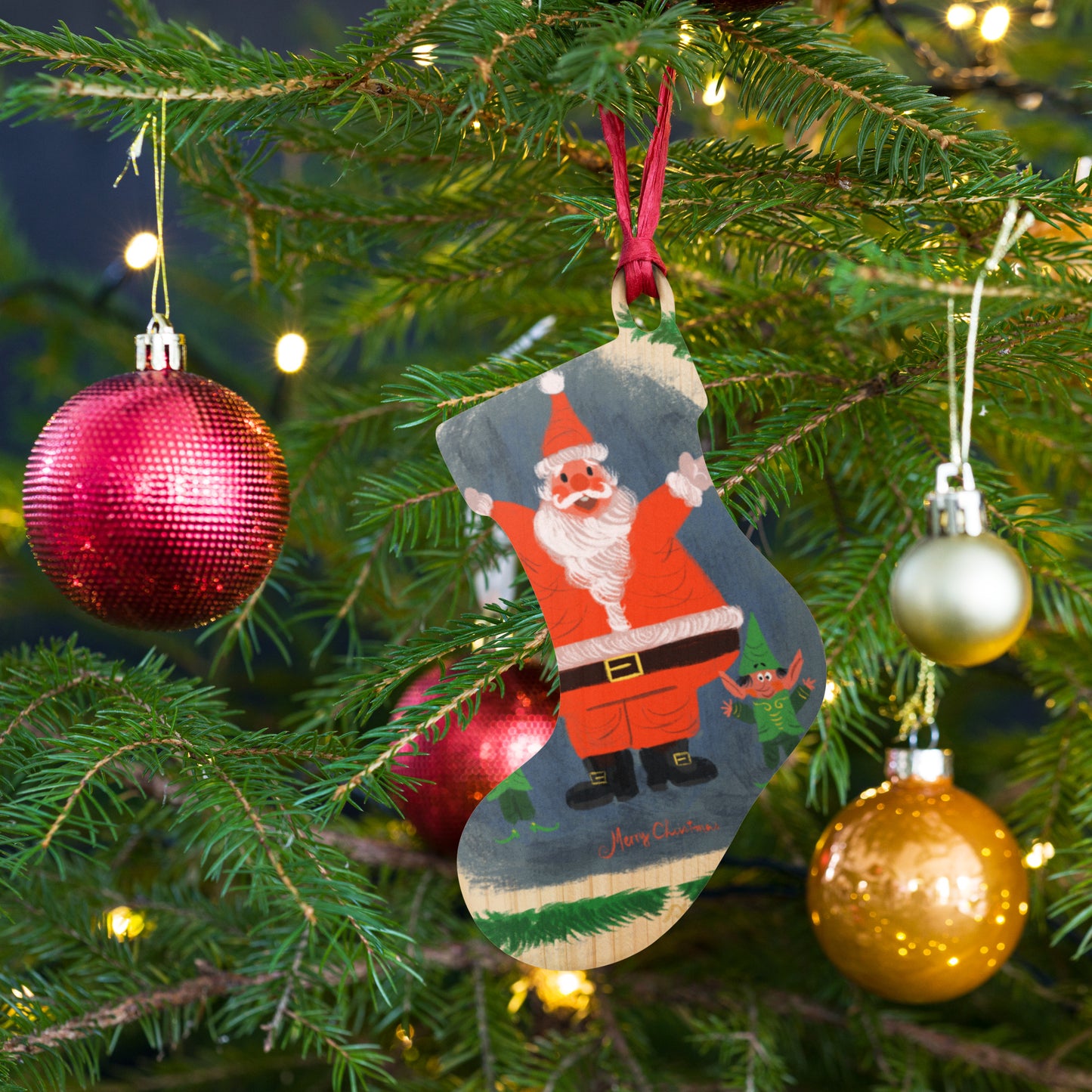 "Santa and Elves Wooden Ornaments - Hand-Drawn by Leo Matsuda | Festive Christmas Tree Decor"